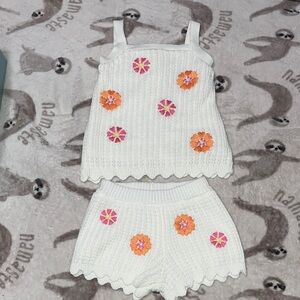 C&C California Kids White Knit Set with Pink and Orange Floral Accents